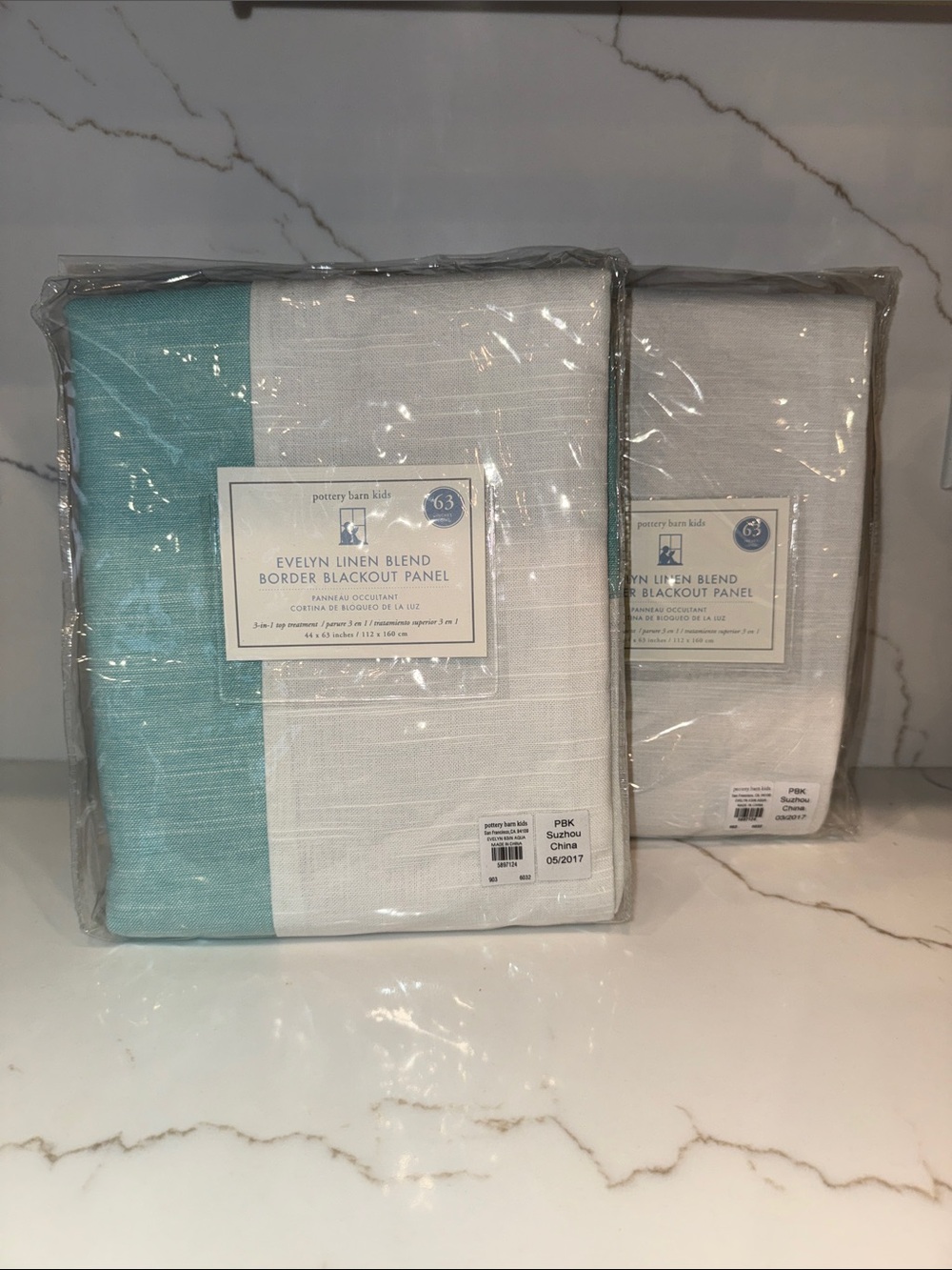 NWT 63” Pottery Barn Kids Border Blackout Panel - Aqua & White - Set of 2
